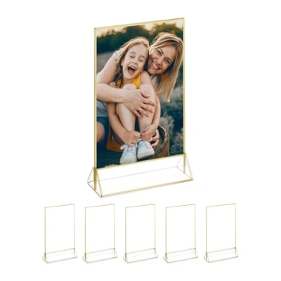 Image of Table Stand, Set of 6, din A5, Wedding, for Menu Cards and Photos, Acrylic Card Holder, Transparent/Gold Relaxdays