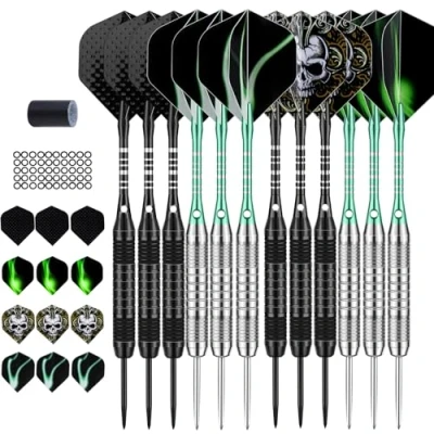 Image of DARTSPACE 12 Pack Steel Tip Darts Set with Black Green Aluminum Shafts 24 Standard Flights Extra 50 Rubber O Rings 1 Dart Sharpener Metal