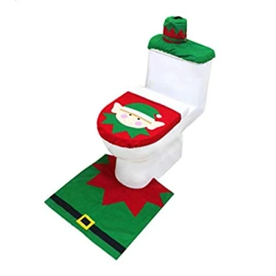 Image of Happy Santa Toilet Seat Cover and Rug Set for Bathroom Novelty Christmas Xmas Decoration Home Decor (green red)