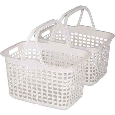 Image of Iris Ohyama, Plastic laundry basket, Set of 2, 25 L, Ergonomic handles, BPA free, Mesh shape, Laundry, Hallway, Bathroom LB M White
