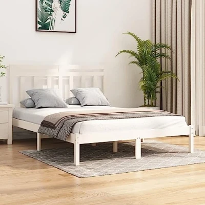 Image of vidaXL 160x200 cm Double Bed Frame, White Solid Pine Wood with Sturdy Plywood Slats, Modern Style, Supports Weight, Rustic Look
