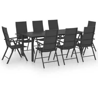 Image of vidaXL Black Rattan Garden Dining Set 8 Reclinable Chairs and Glass Tabletop Aluminium Patio Outdoor Furniture