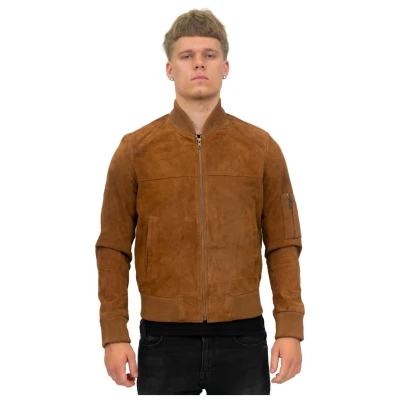 Image of Mens Tobacco Goat Suede Bomber Jacket Real Genuine Leather MA 1 Varsity Retro S