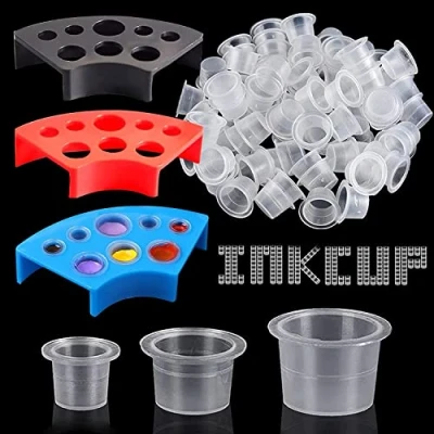 Image of 300 Pieces Tattoo Ink Caps Cups with 3 Holders Emalla 100 Small Medium Large + Colours Holder for Permanent Makeup Accessories