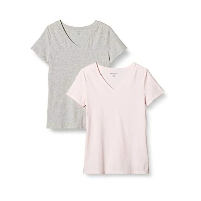 Image of Amazon Essentials Women&#039;s Classic Fit Short Sleeve V Neck T Shirt, Pack of 2, Light Pink/Light Grey Heather, M