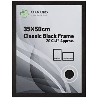 Image of FRAMANEX Classic Picture Poster Frame, 35 X 50cm Black Wood Finish, Portrait, Landscape Display Rectangle 20 14 inches Frame (Black Frame)