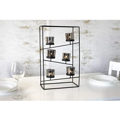 Image of Candle Holder Glass Tea Light Stand Tiered Black Metal 6pc with 6 Tealight Holders Free Standing Modern Home Décor Display