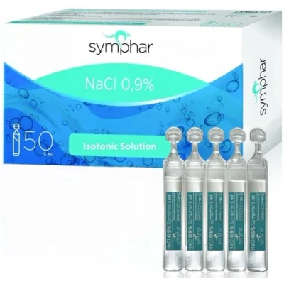 Image of Saline Solution 0.9% Isotonic Sodium Chloride NaCl Inhalation 50 x 5 ml Unit Dose Vials, by SYMPHAR
