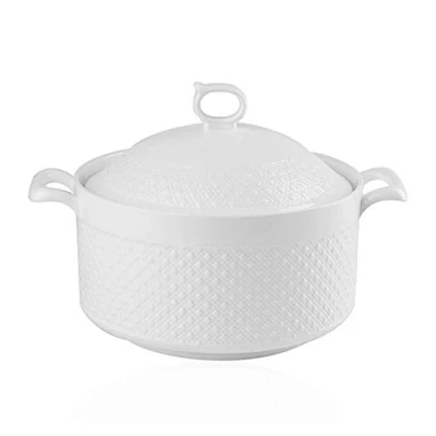 Image of Double Handle Lid Pure White Ceramic Tureen Soup Round Dish Casserole/Clay Pot/Earthen Pot/Ceramic Cookware with Heat Resistant for Gift Box (9 inches)