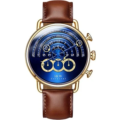Image of Luxury Men&#039;s Big Dial Chronograph Sapphire Gold Stainless Steel Waterproof Quartz Brown Leather Watches