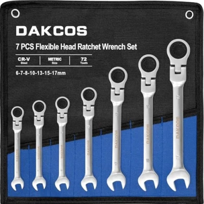 Image of DAKCOS 7 Pieces Flexible Head Ratchet Wrench Set 6 17 mm Metric Combination Spanner CR V