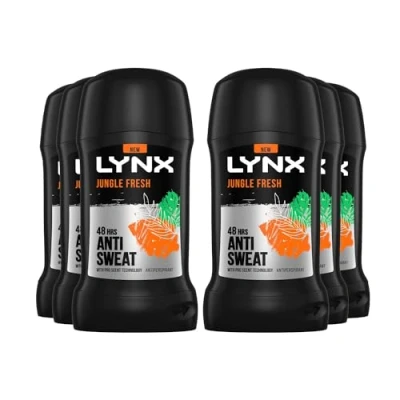 Image of Lynx Jungle Fresh Deodorant Stick 48 Hours Anti Sweat Perspirant with Long Lasting and Odour Protection Travel Size for Men All Skin Types, 50ml Pack of 6