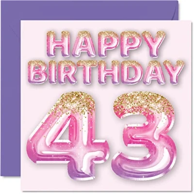 Image of 43rd Birthday Card for Women Pink &amp; Purple Glitter Balloons Happy Cards 43 Year Old Woman Mum Cousin Friend Sister Auntie, 145mm x Forty Three Third Greeting Gift