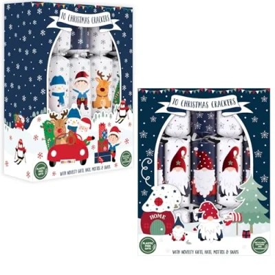 Image of YöL Set Of 20 Christmas Crackers Blue Santa And Gnomes Design Festive Table Decor Red Friends Gonks