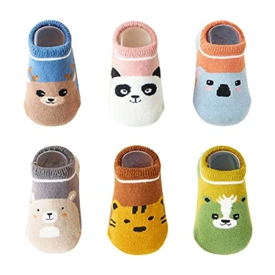 Image of FedMois 6 Pairs Baby Kids No Show Socks Cotton Invisible Anti Slip Winter Thermal Thick, Animals, 0 1 Year