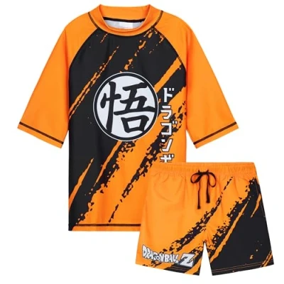 Image of Get Trend Swimsuit Set for Boys Teenagers 2 Pcs with Swimming Trunks &amp; Rash Vest Beach Trip Holiday Essentials (9 10 Years, Orange Dragon Ball Z)