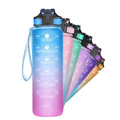 Image of ETDW 1Litre Water Bottle with Straw and Leakproof Flip Top Lid, 1000ml Tritan Cycling Bottles Time Marker BPA Free for Cycling, Running, Gym, Yoga, Camping