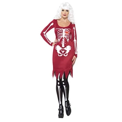 Image of Smiffys Beauty Bones Costume, Red Dress with Long Sleeves and LED Heart, Halloween Adult Fancy Dress, Skeleton Up Costumes