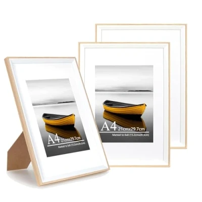 Image of Baoee A4 Oak white Two Tone Picture frame with 6x8 Mount,Set of 3,photo acrylic glass,Poster Frame, certificate frame,Wall Mountable