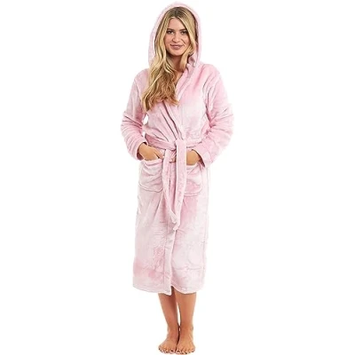 Image of KATE MORGAN Ladies Dressing Gown Fluffy Super Soft Hooded Bathrobe for Women Plush Fleece Perfect Loungewear Long Robe Gifts M Pink
