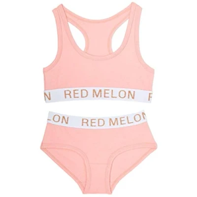 Image of Girls Crop Top Bra Knicker Set Brief Cotton Rich Plain Size 7 1 3 Years (Coral Set, 8 Years)
