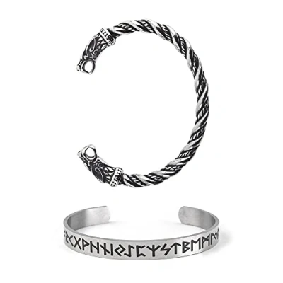Image of TURTLEDOVE Viking Wolf Fenrir Bangle 2 PCS Stainless Steel Norse Scandinavian Torc Rune Bracelet, L, Steel, no gemstone