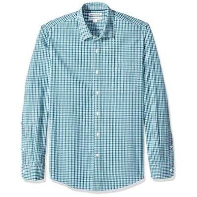 Image of Amazon Essentials Men&#039;s Slim Fit Long Sleeve Poplin Shirt, Blue Green Gingham, M
