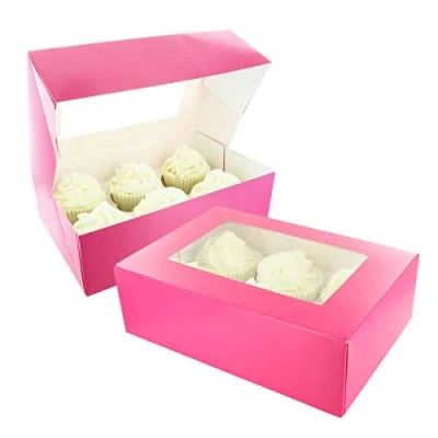 Image of Baked with Love 6/12 Cupcake Box, Twin Pack, Pink Boxes to Carry Tasty Treats, Includes Dual Insert for 6 Standard Cupcakes or 12 Mini Cupcakes, Pack of 2