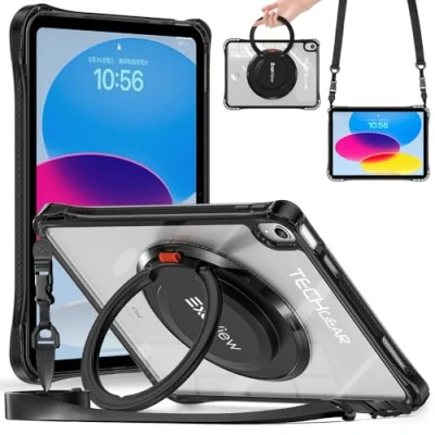 Image of TECHGEAR ExoView Case for Apple iPad 10th Generation 10.9&quot; / 10 2022, Tough Rugged Slim Shockproof Clear with Stand, 360 Rotating Ring Grip Hand Holder and Shoulder Strap Black