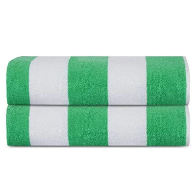 Image of Sweet Needle Beach Towels for Adults Pack of 2 Green White Cabana Striped Classic 100% Cotton Terry Ringspun Pool towel, Quick Dry, Super Absorbent Swimming large 100x150