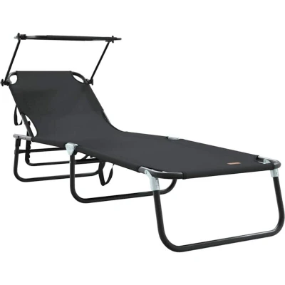 Image of vidaXL Folding Sun Lounger with Canopy Black 600D Oxford Fabric
