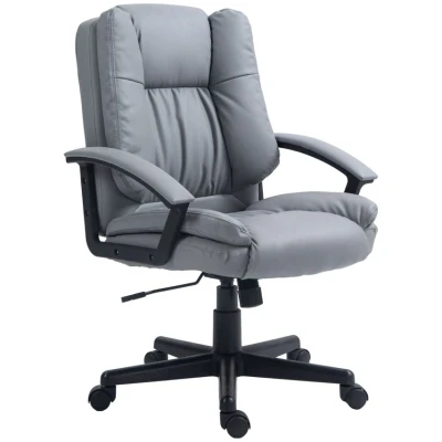 Image of HOMCOM Office Chair, Faux Leather Computer Desk Mid Back Executive Chair with Adjustable Height and Swivel Rolling Wheels for Home Study, Light Grey