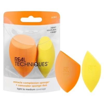 Image of Real Techniques Miracle Complexion Sponge + Concealer Duo, Makeup Blending Sponges For Foundation &amp; Concealer, Offers Light To Medium Coverage, Natural, Dewy Makeup, Latex Free Foam 2 Count