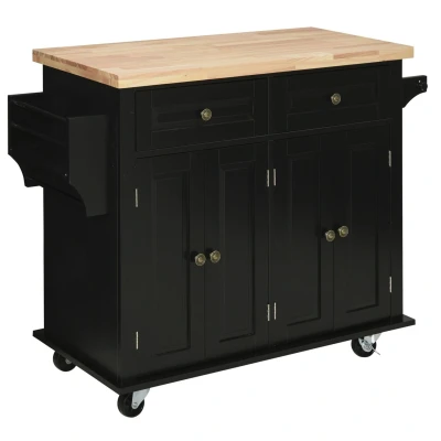 Image of HOMCOM Rolling Kitchen Island Storage Trolley with Rubber Wood Top &amp; Drawers for Dining Room, Black