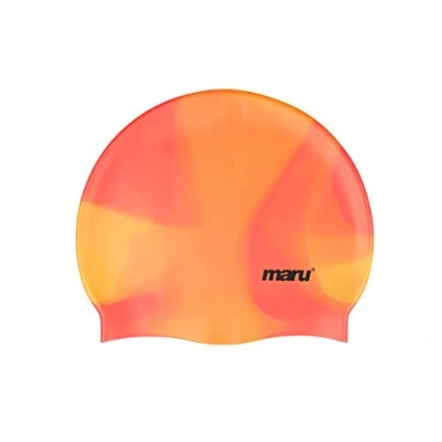 Image of MARU Swimming Hat, 100% Silicone Swim Cap, Unisex Adult Lightweight Caps for Men and Women, Comfortable Durable Hats Designed in the UK (Orange Shades, One Size)