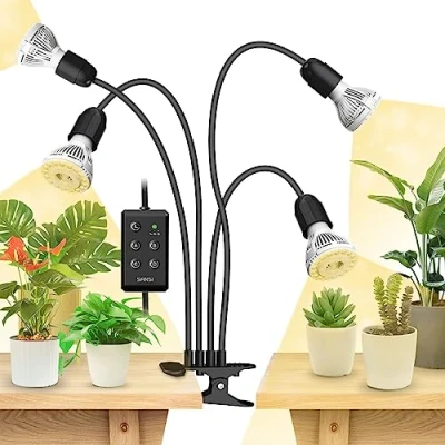 Image of SANSI 600W LED Grow Lights for Indoor Plants, Lifetime Free E27 Bulb Replacement, Full Spectrum 4 Gooseneck Clip Plant Lamp with Timer 4/8/12 Hrs Seedlings Growing Black