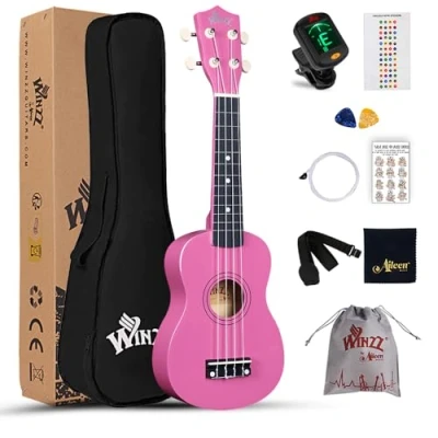 Image of Winzz Soprano Ukulele Starter Kit For Beginners with Bag, Clip On Tuner, Extra Strings, Strap, Plectrum, Fret Stickers, Chords Card, Polishing Cloth, Rose