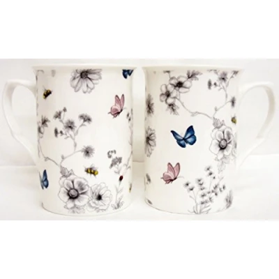 Image of fromeuropewithlove Secret Garden Mugs Set of 4 Four Fine Bone China Flowers Butterflies and Bees Hand Decorated in the UK