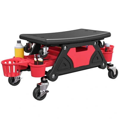 Image of HOMCOM Rolling Mechanic Stool, 135kg Capacity Workshop Stool with 360 Swivel Wheels, Roller Creeper Seat Slide Out Tool Trays, Drawer, Bottle Holders for Garage, Shop, Auto Repair, Red