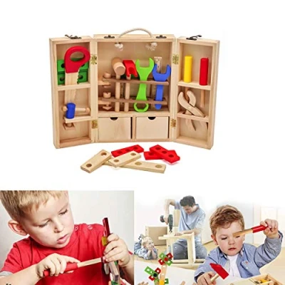 Image of Wooden Tool Box Carrycase Pretend Role Play Assembly Construction Toys Kids Gift HYGRAD®