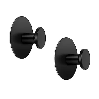 Image of LJLink Modern Self Adhesive Hook 2 PCS Towel Hooks Matte Black Wall Stainless Steel Round Utility Hanger for Home Kitchen Bathroom Storage