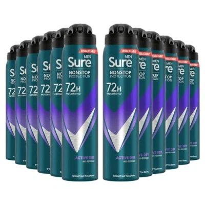 Image of Sure Antiperspirant 72H Nonstop Sweat and Odour Protection Alcohol Free Body Spray Anti White Marks with Fresh Sporty Scent Multi Fragrance Deodorant for Men, 250ml (Active Dry, Buy 12)