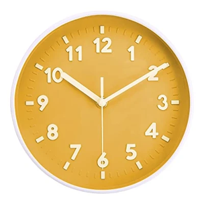 Image of Topkey 8 Round Silent Wall Clock Easy Read Big Numbers Kitchen Modern Non ticking Decorative for Bedroom Office school Yellow