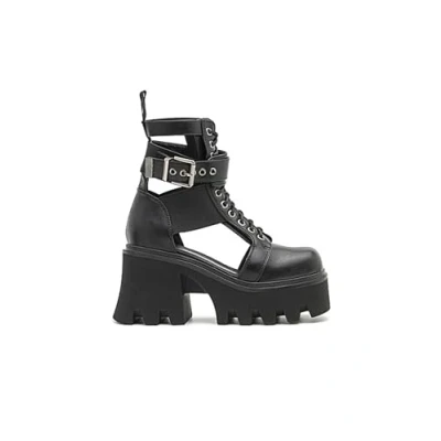 Image of LAMODA Women&#039;s Busy Chunky Platform Ankle boots in Black, Ladies Lace Up Combat with Stretch Gusset and Functional Buckle, Vegan leather UK9