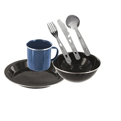 Image of Enamel Camping Eating Set Includes Knife, Fork, Spoon Set, Plate, Mug &amp; Bowl (Navy)