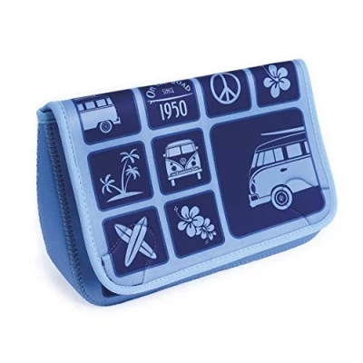 Image of BRISA VW Collection Volkswagen Toiletry Wash Cosmetic Makeup Bag Neoprene in T1 Bus Campervan Design (Surf/Blue)