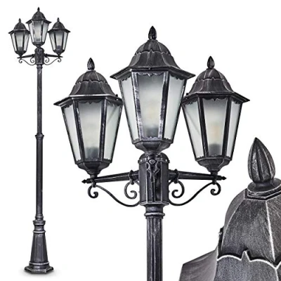 Image of Outdoor lamp Lignac Frost, candelabra antique look, cast aluminium black/silver with frosted glass panes, 3 arm path light, height adjustable, retro garden lamp, E27 socket, IP44, without bulbs