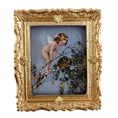 Image of Melody Jane Dolls House Miniature Cherub &amp; Birds Nest Painting Gold Frame