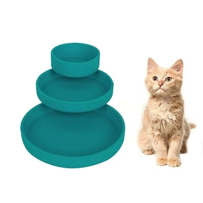 Image of Lollanda Feeding Bowl for Cats, Set of 3, Silicone Bowl, Drinking Oval, Wide Dry Food and Wet (Dark Green)