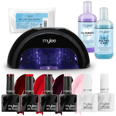 Image of Mylee Complete Professional Gel Nail Polish LED Lamp Kit, 4x MYGEL Colours, Top &amp; Base Coat, PRO Salon Series Convex Curing® Lamp, Prep Wipe, Remover (Black Lamp)